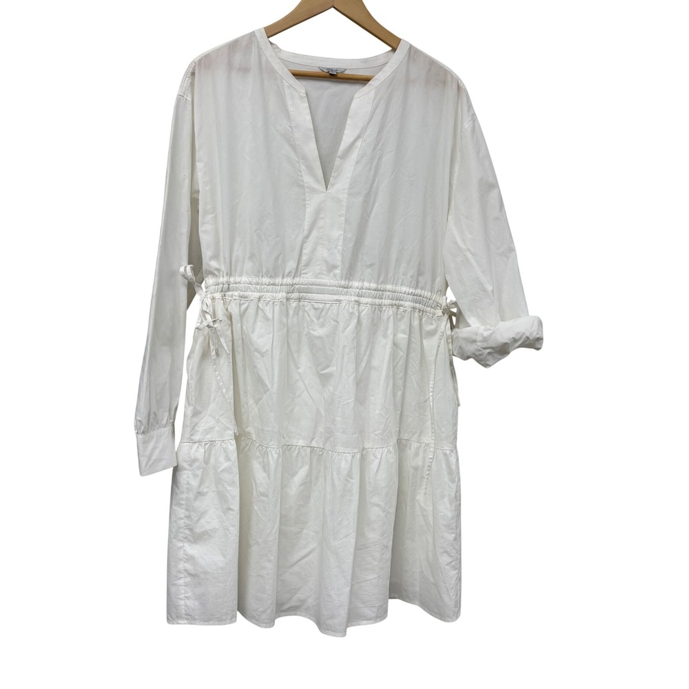 Rails Ivy White Cotton Tiered Mini Dress XL Split V-Neck Drawstring 670-179-002